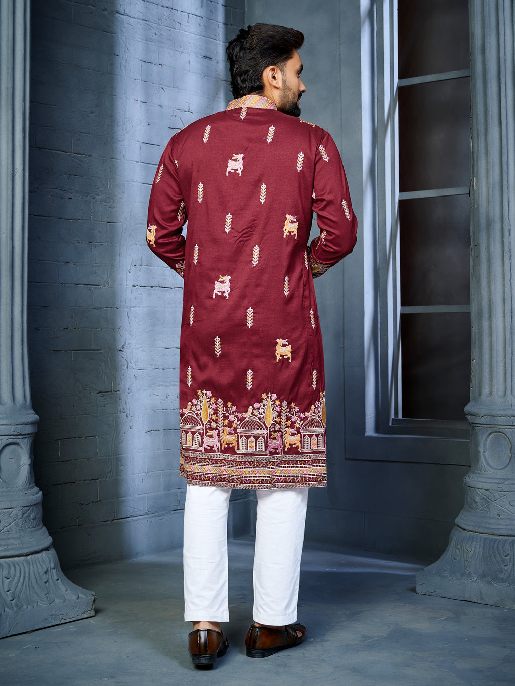 Men’s  Silk Kurta with Deer Embroidery Red