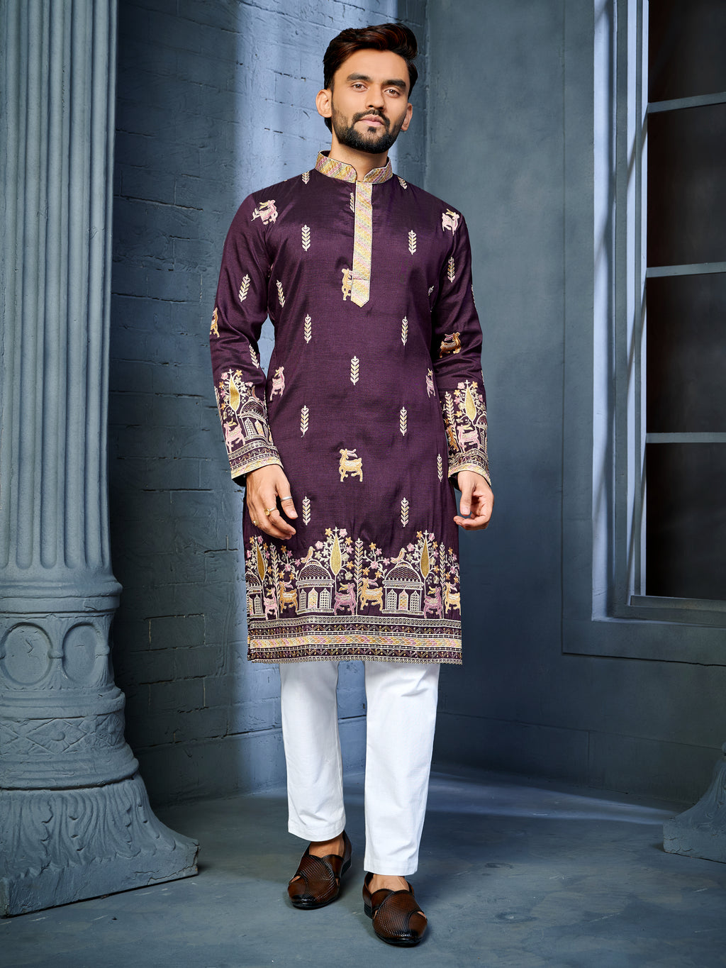 Men’s  Silk Kurta with Deer Embroidery Wine