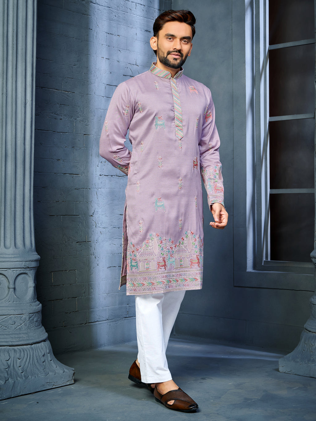 Men’s  Silk Kurta with Deer Embroidery Lavender