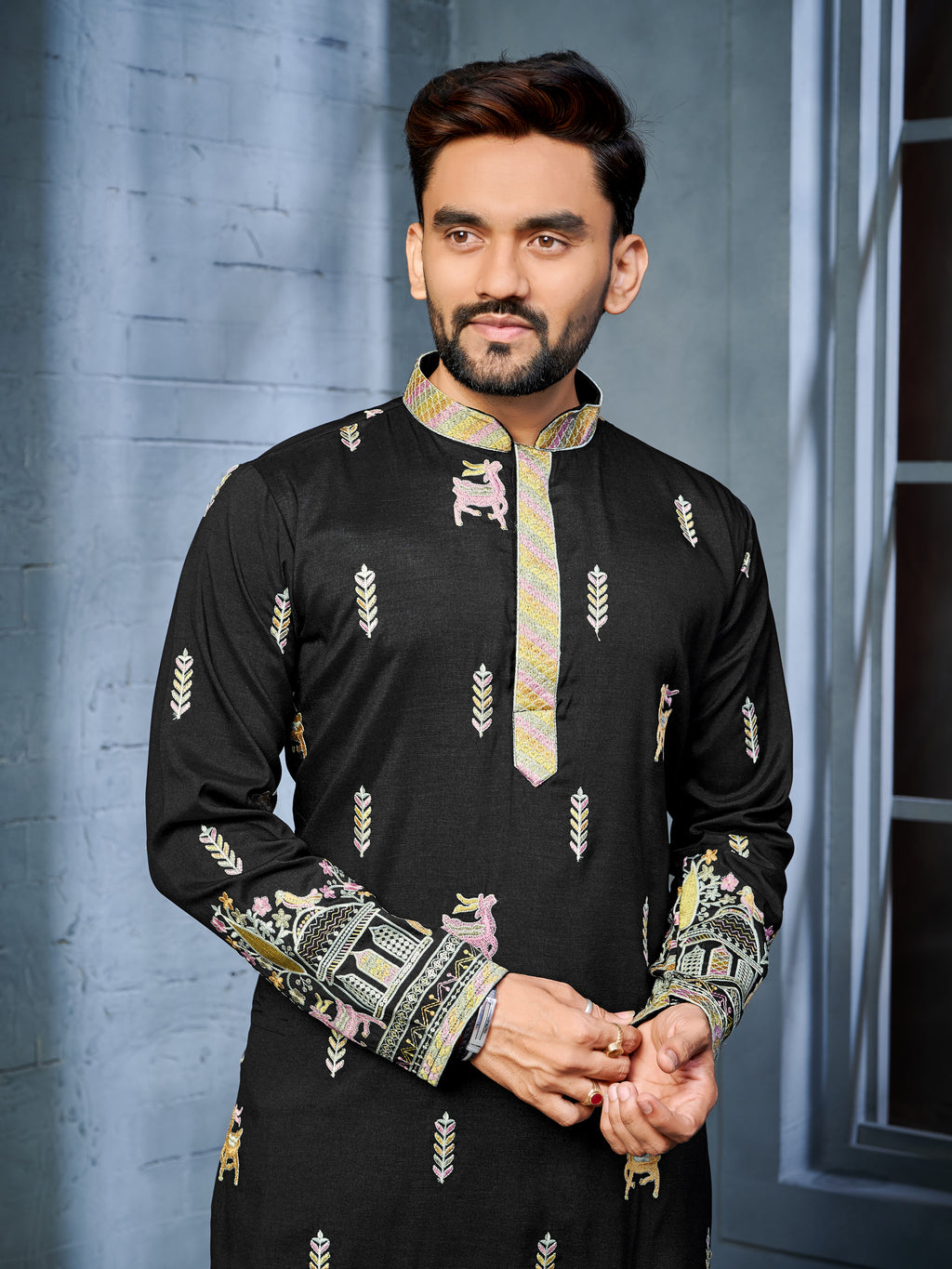 Men’s  Silk Kurta with Deer Embroidery Black