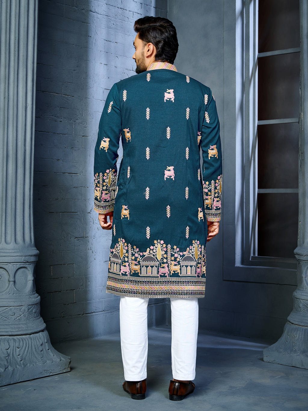 Men’s  Silk Kurta with Deer Embroidery Bottle Green