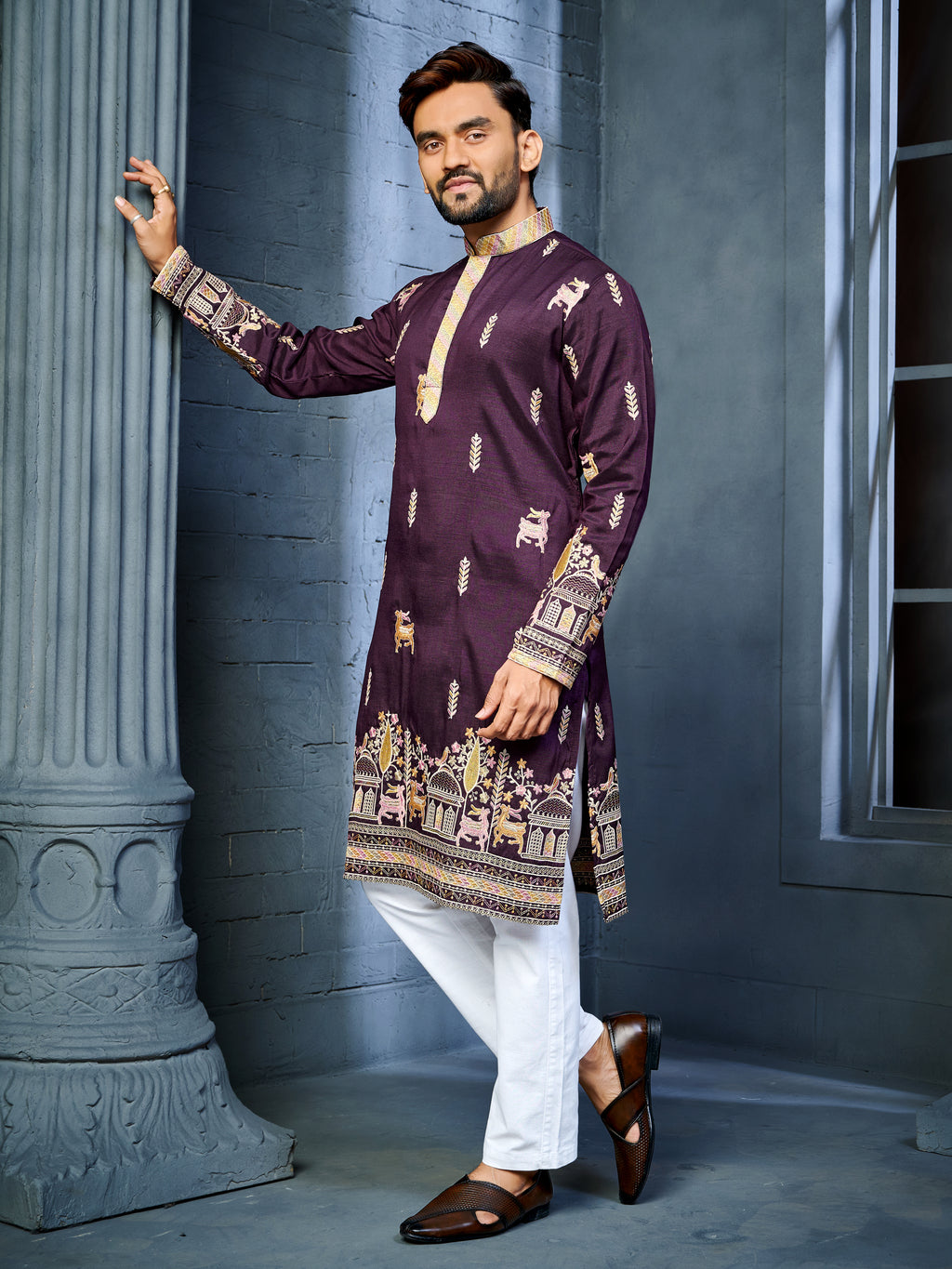Men’s  Silk Kurta with Deer Embroidery Wine