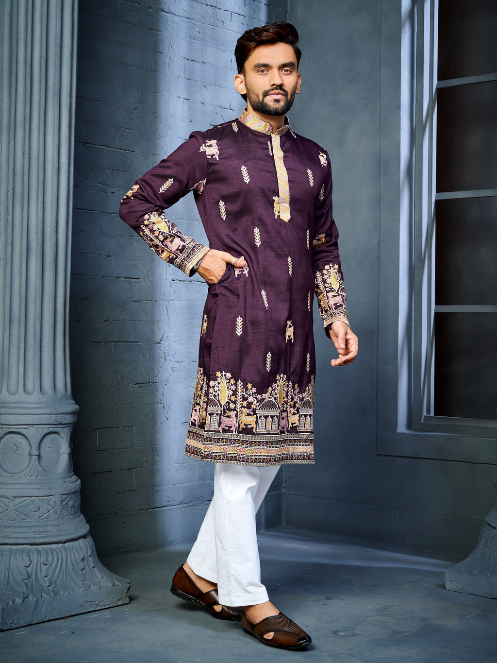 Men’s  Silk Kurta with Deer Embroidery Wine