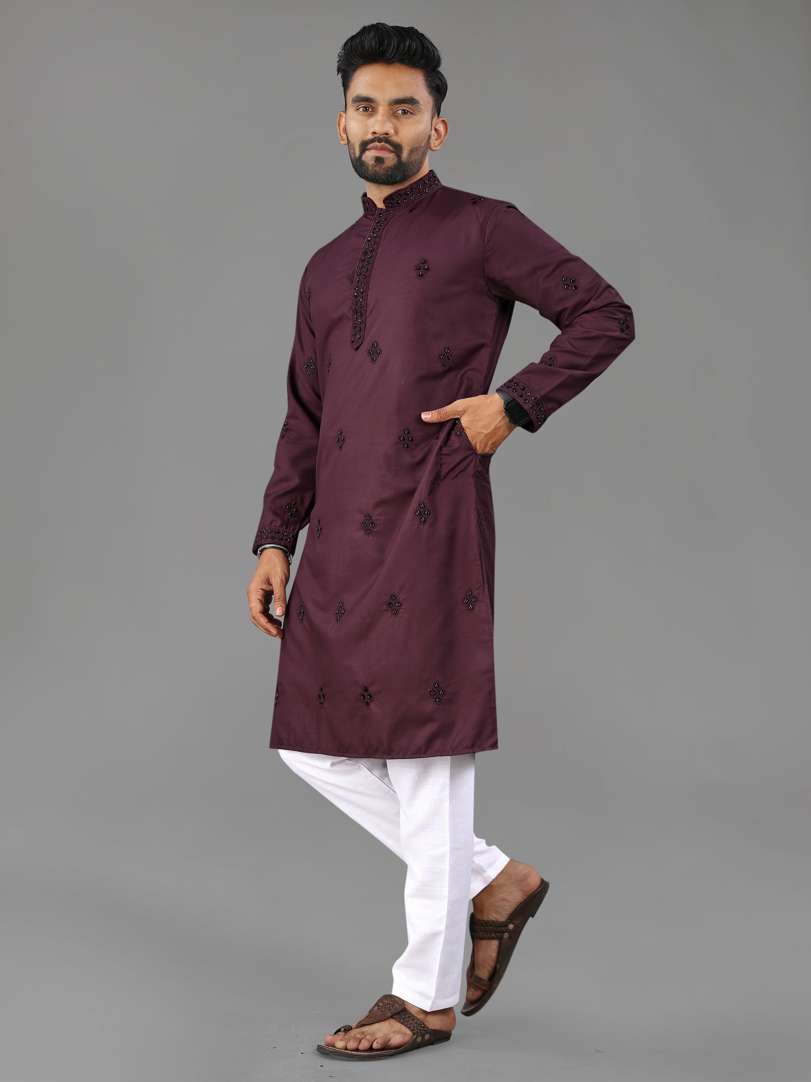 Men’s Val Moti Work Cotton Kurta Bringle