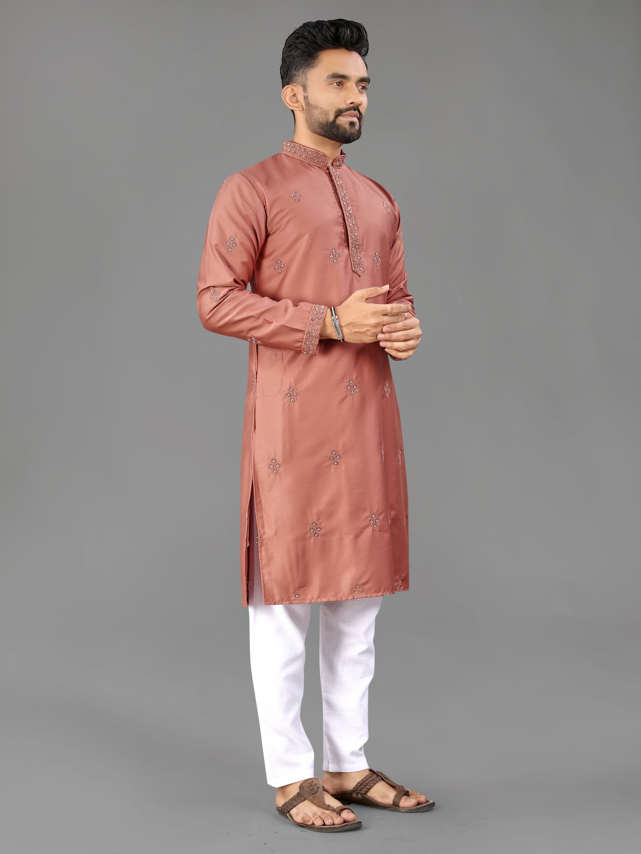 Men’s Val Moti Work Cotton Kurta Dusty Rose