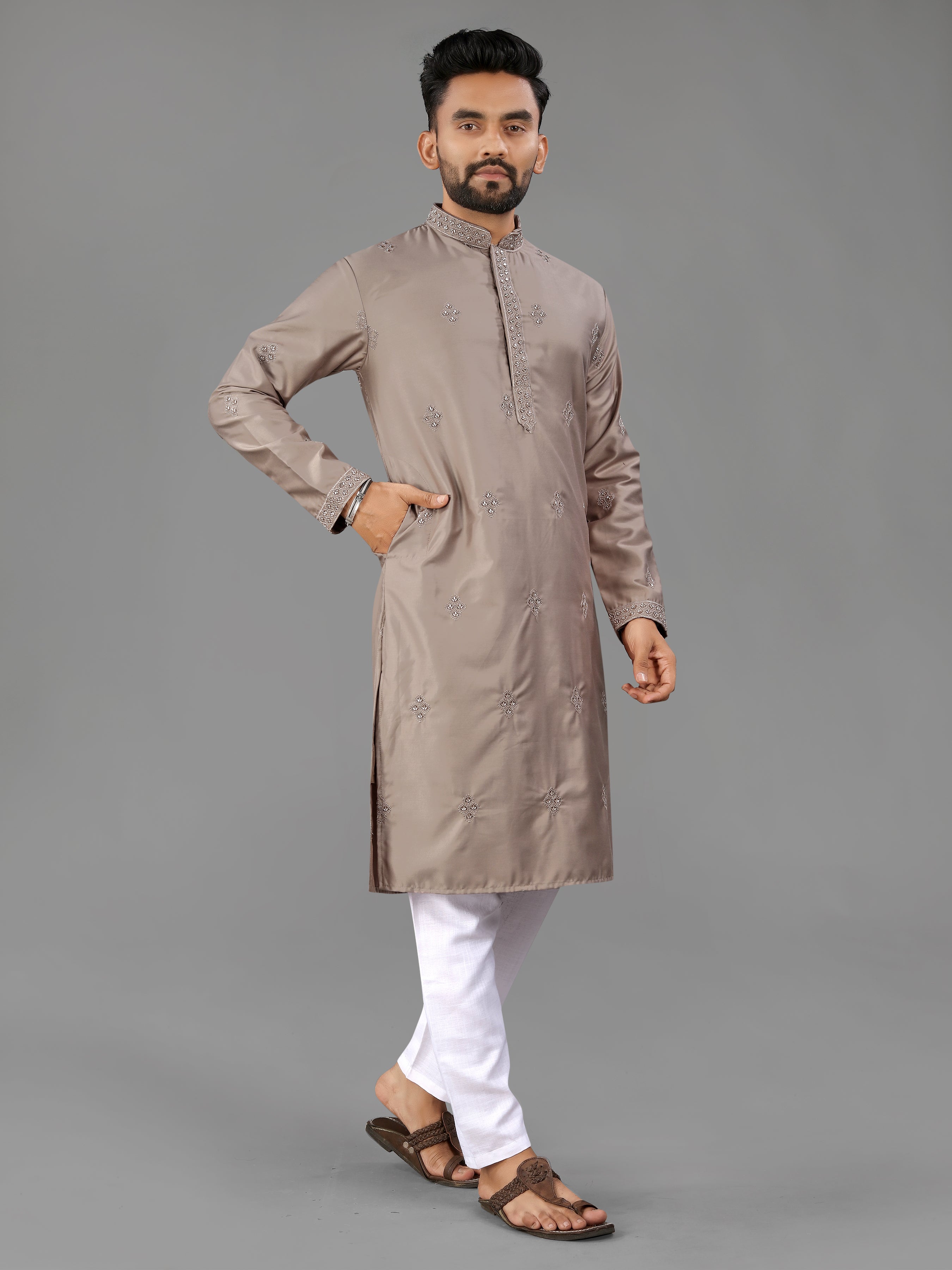 Men’s Val Moti Work Cotton Kurta Mashroom Grey