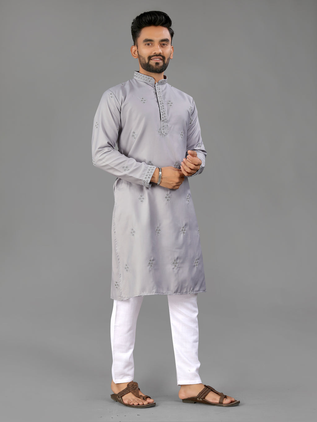 Men’s Val Moti Work Cotton Kurta Grey