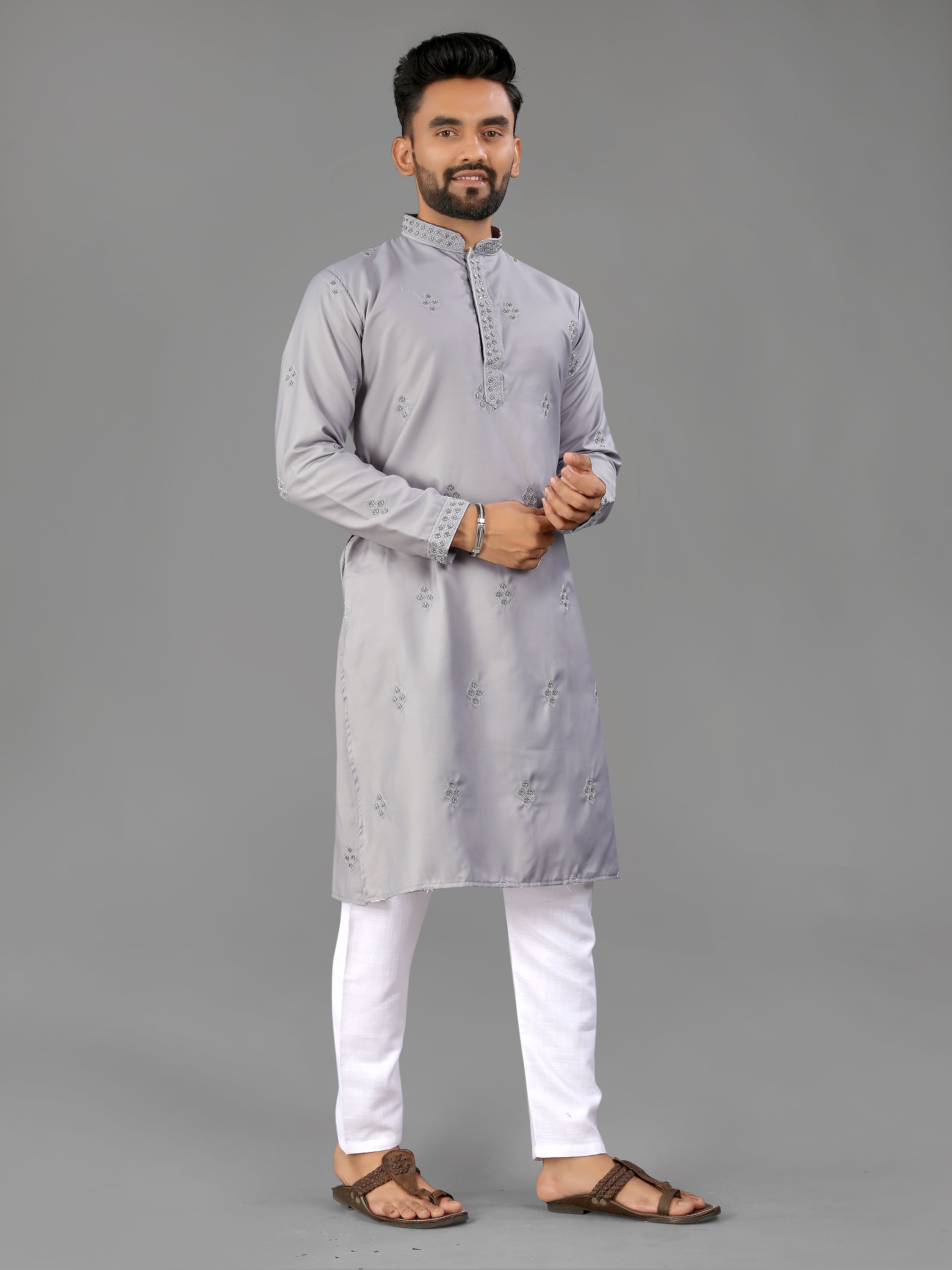 Men’s Val Moti Work Cotton Kurta Grey