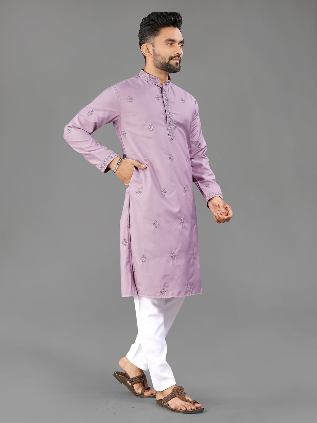 Men’s Val Moti Work Cotton Kurta Lavender