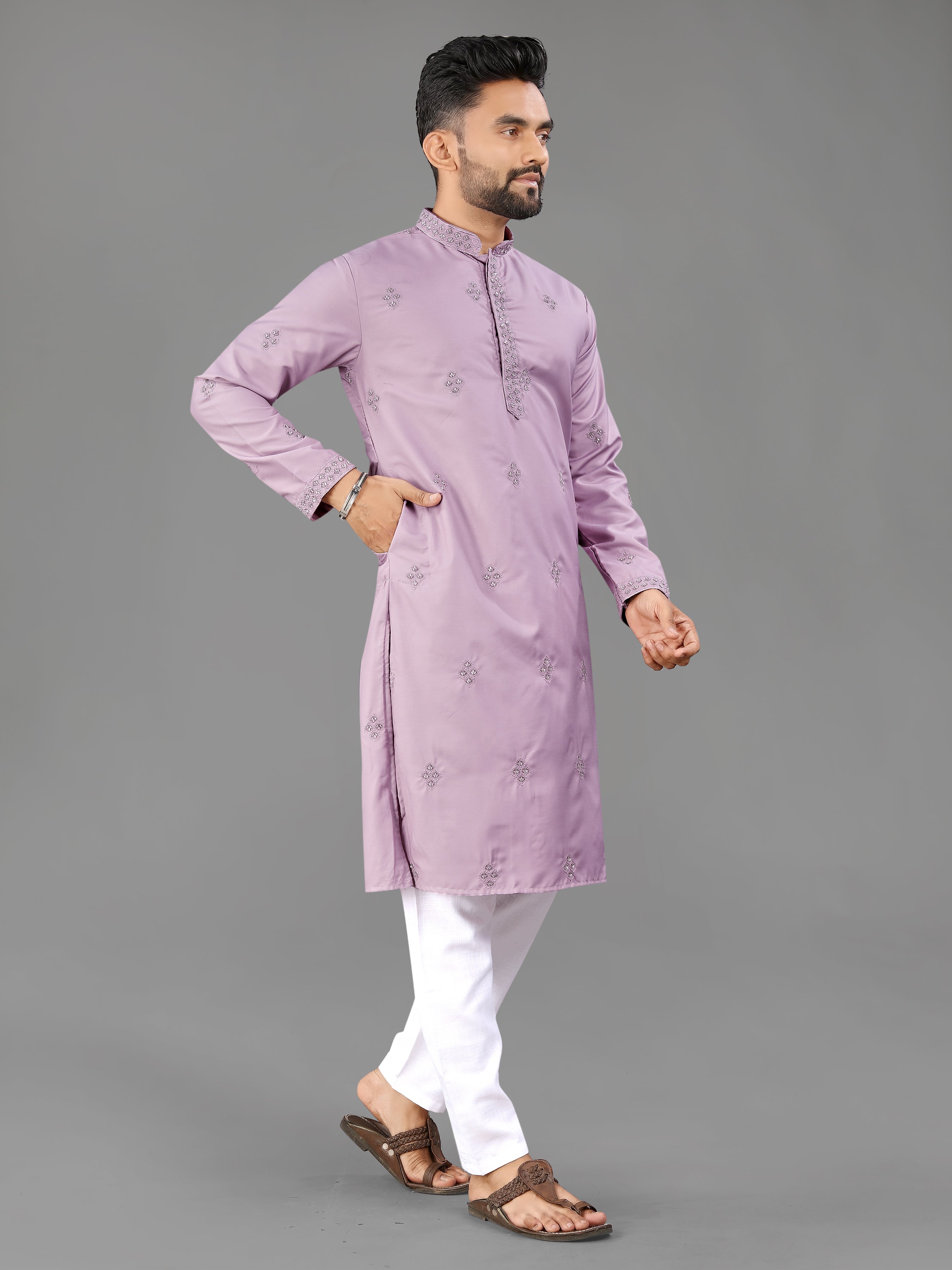 Men’s Val Moti Work Cotton Kurta Lavender