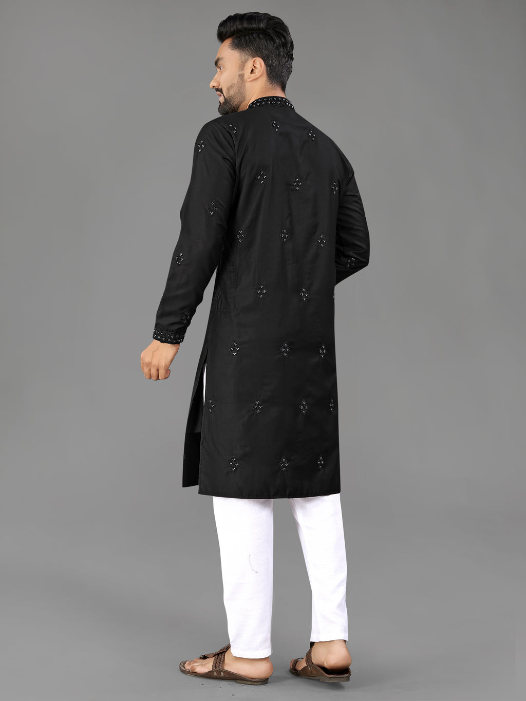 Men’s Val Moti Work Cotton Kurta Black
