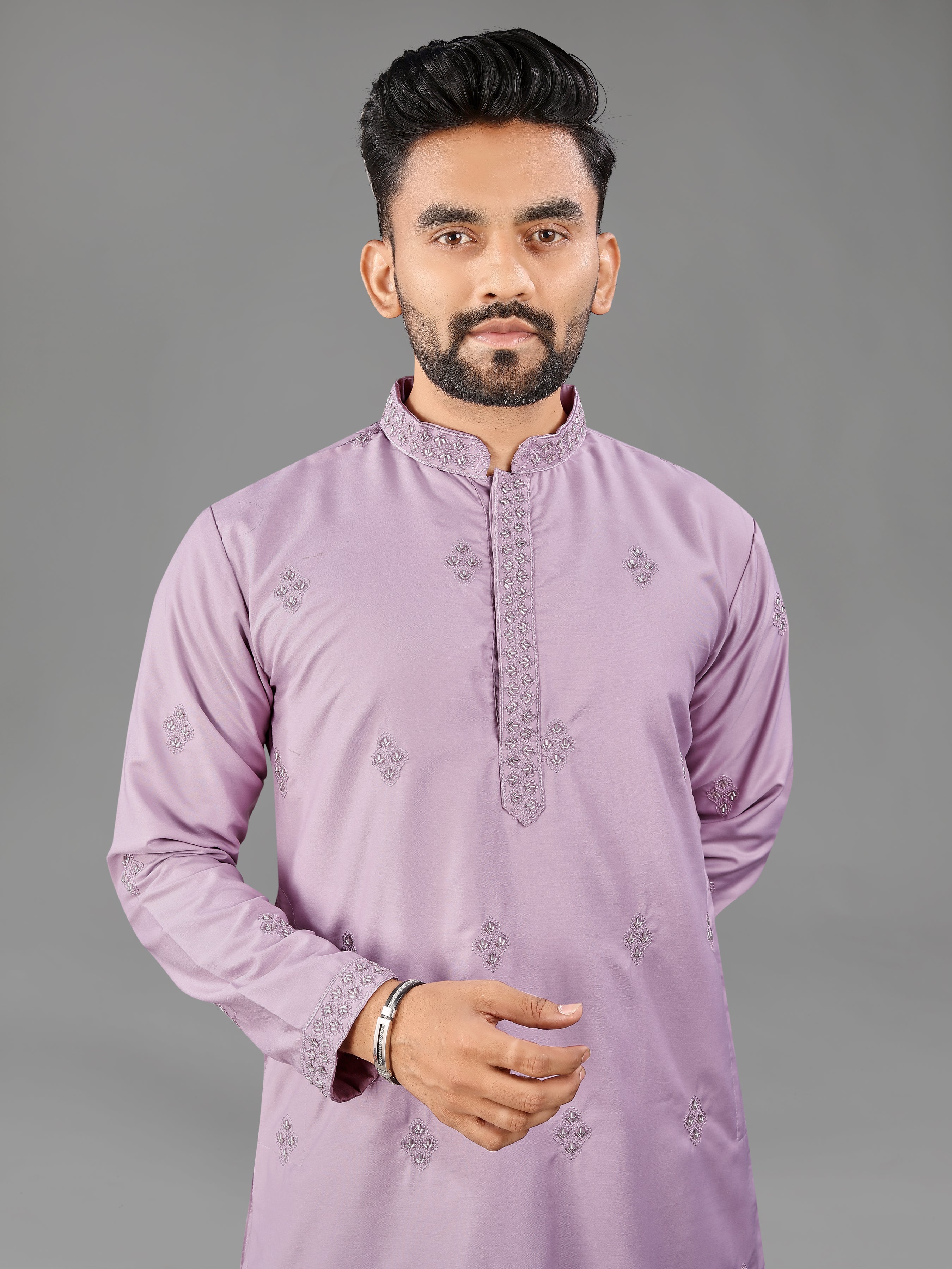 Men’s Val Moti Work Cotton Kurta Lavender