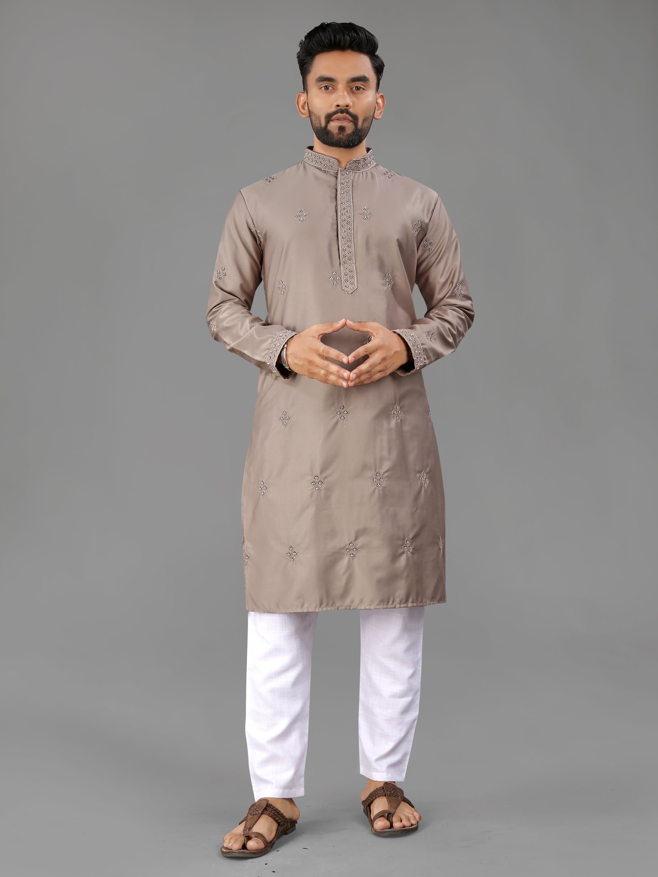 Men’s Val Moti Work Cotton Kurta Mashroom Grey