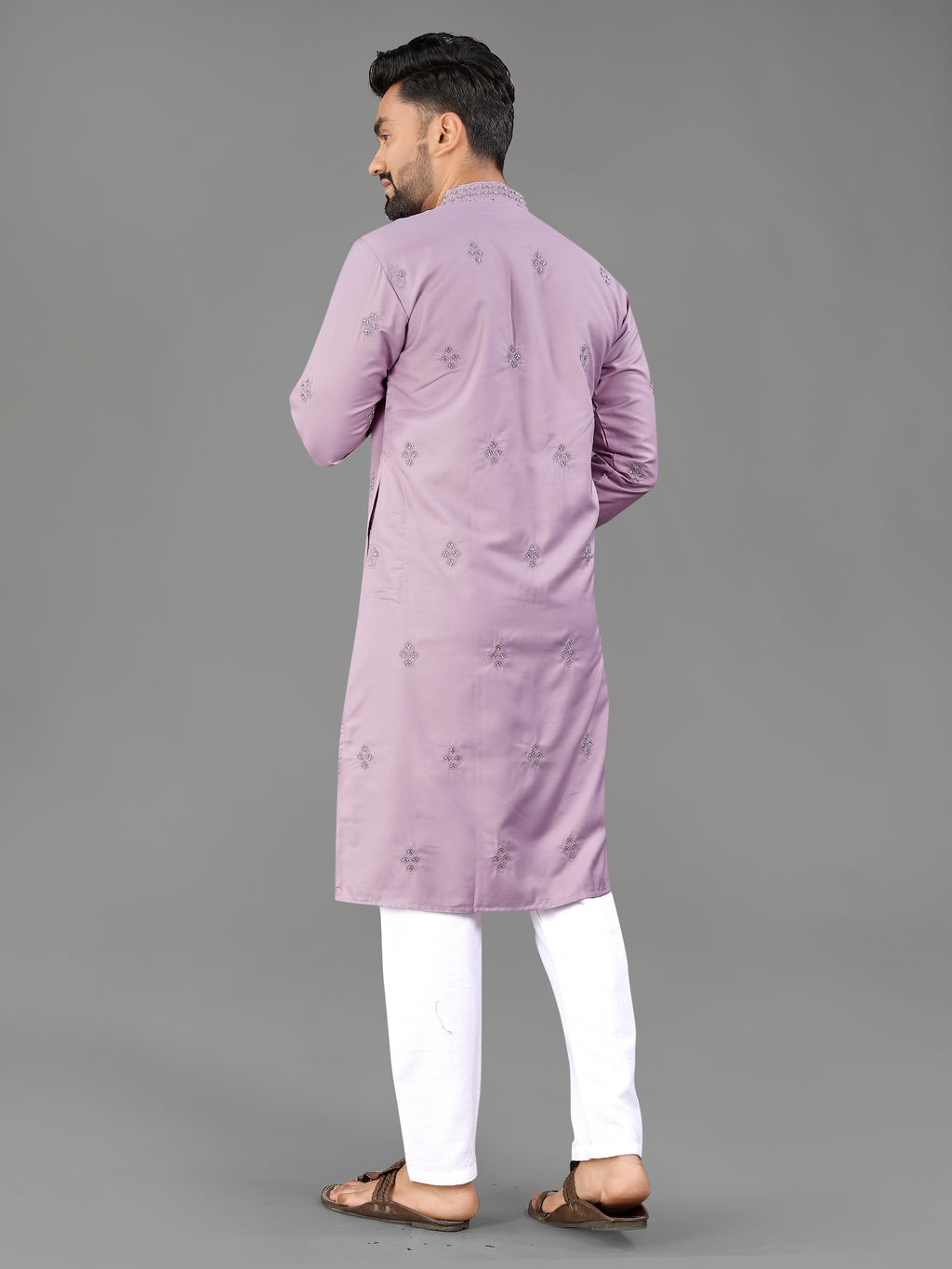 Men’s Val Moti Work Cotton Kurta Lavender
