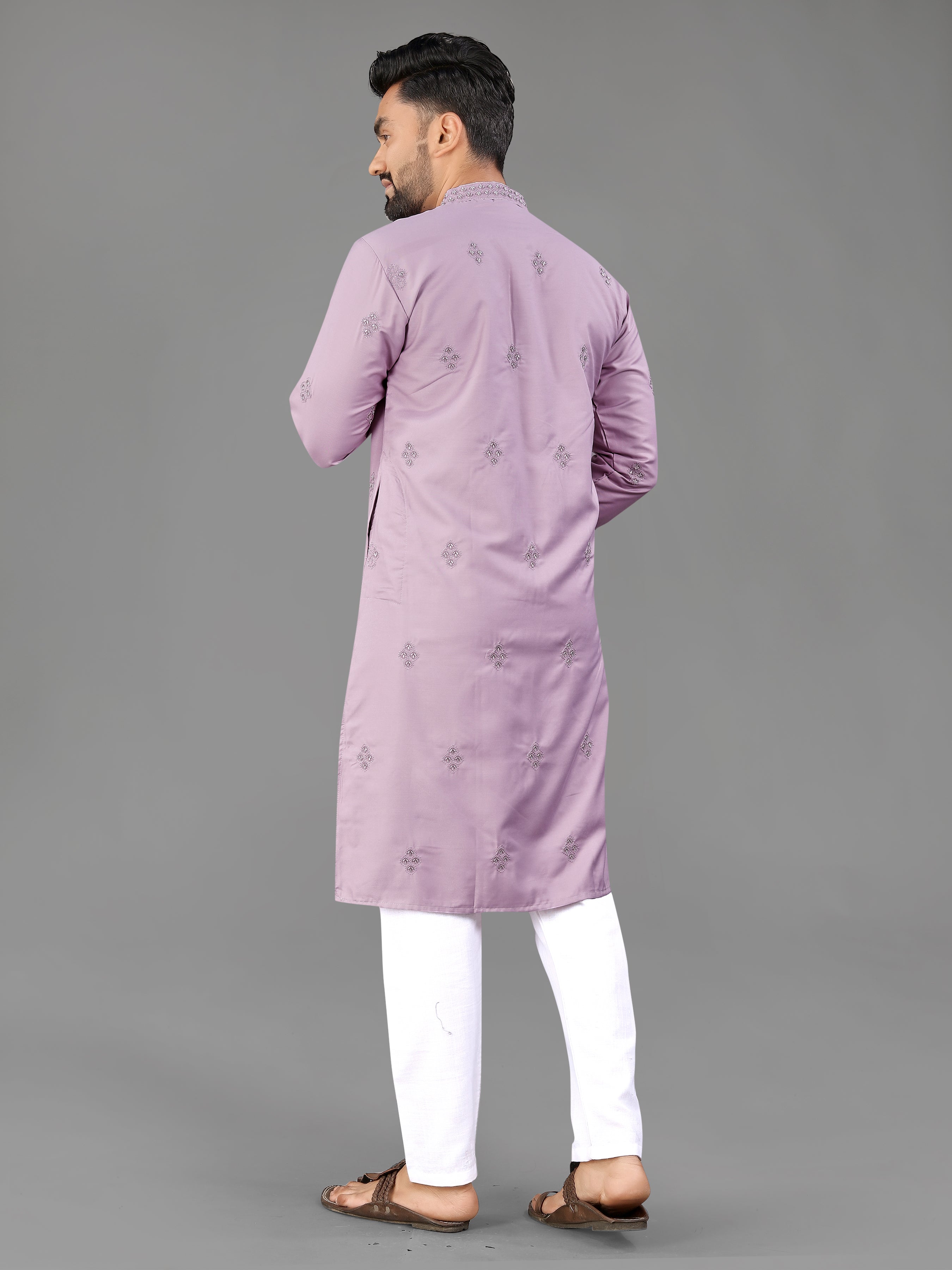 Men’s Val Moti Work Cotton Kurta Lavender