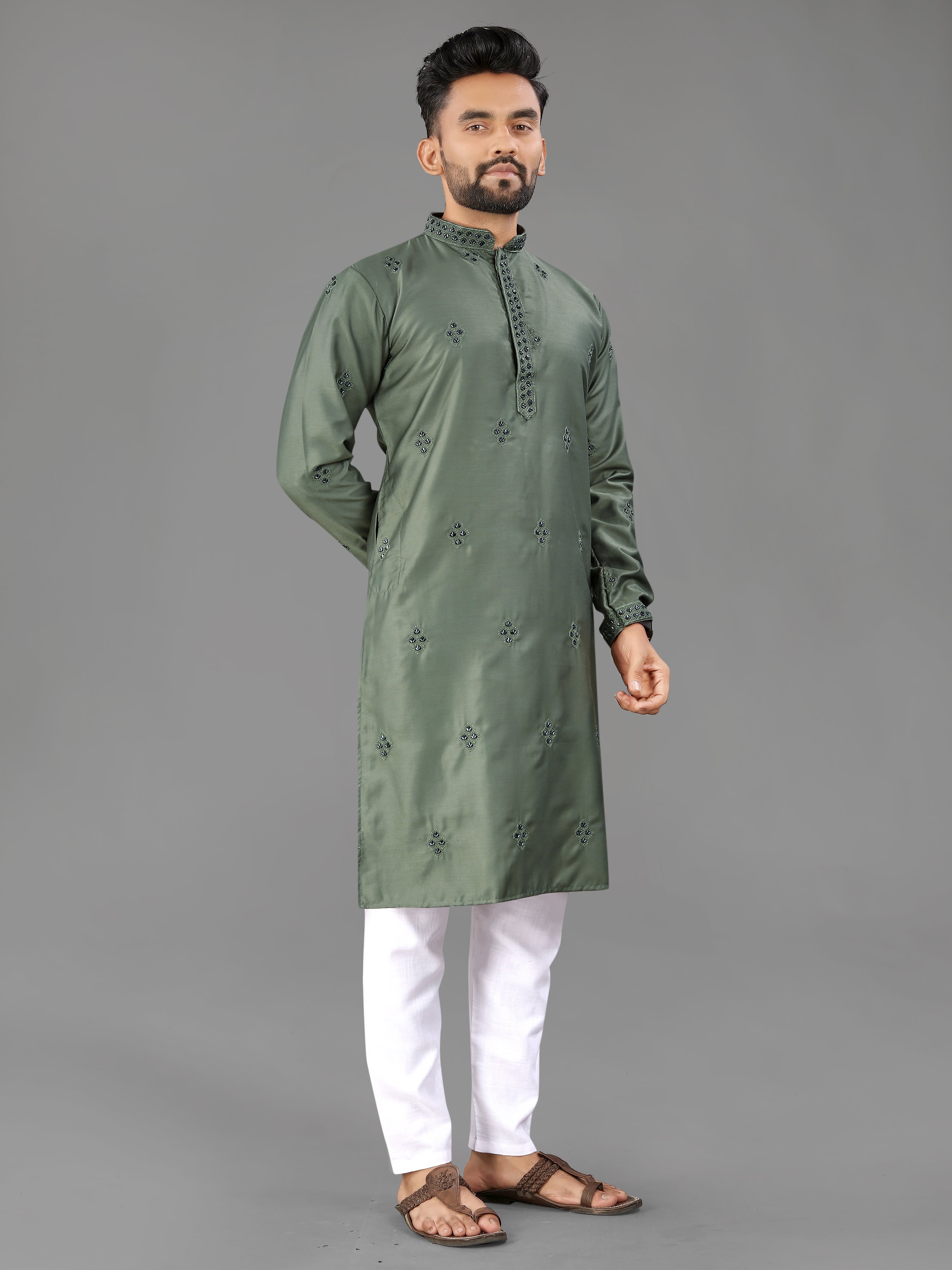 Men’s Val Moti Work Cotton Kurta Mahendi