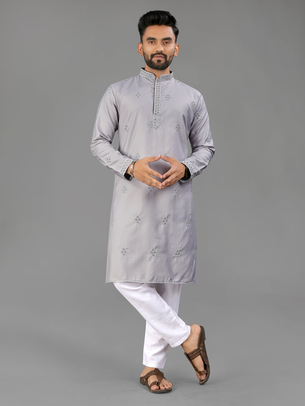Men’s Val Moti Work Cotton Kurta Grey