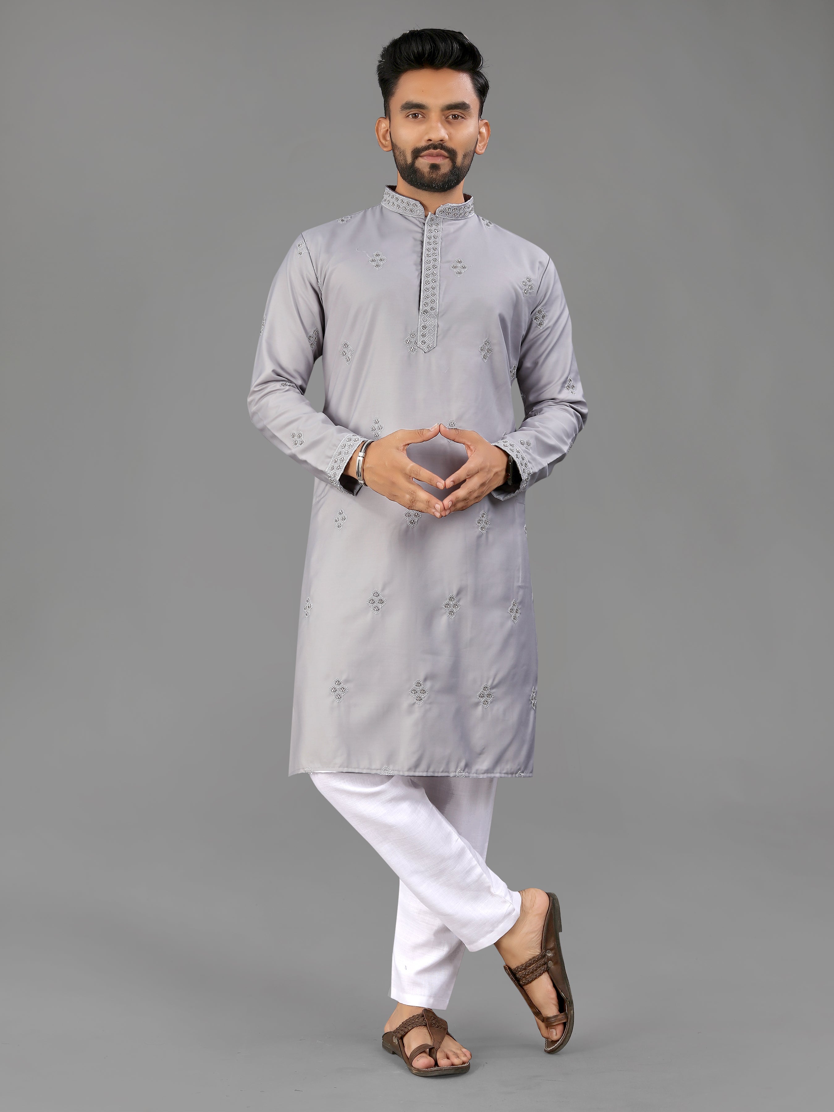 Men’s Val Moti Work Cotton Kurta Grey