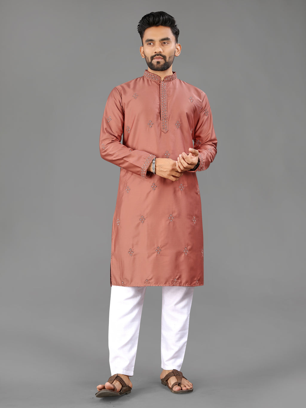 Men’s Val Moti Work Cotton Kurta Dusty Rose