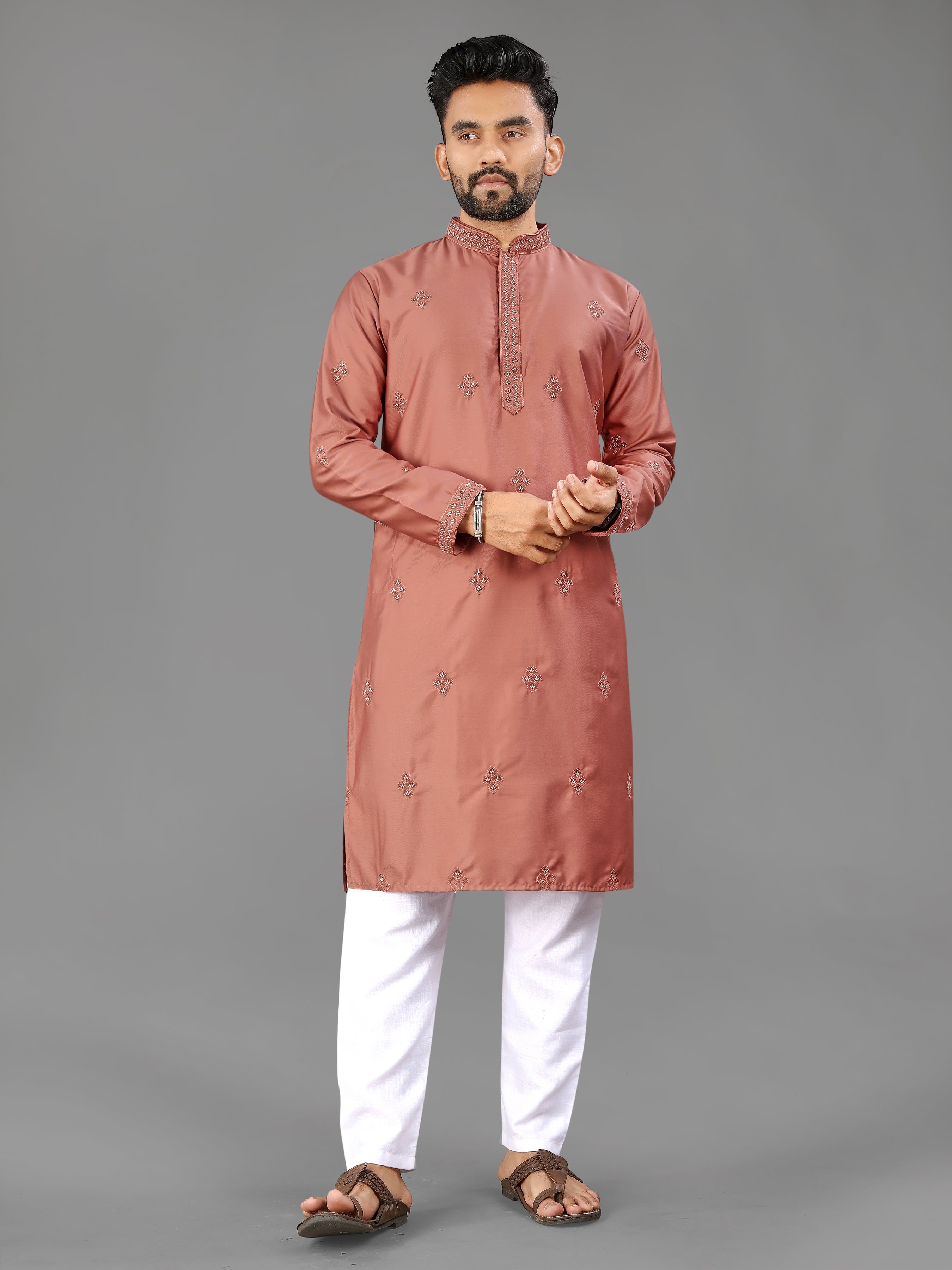 Men’s Val Moti Work Cotton Kurta Dusty Rose