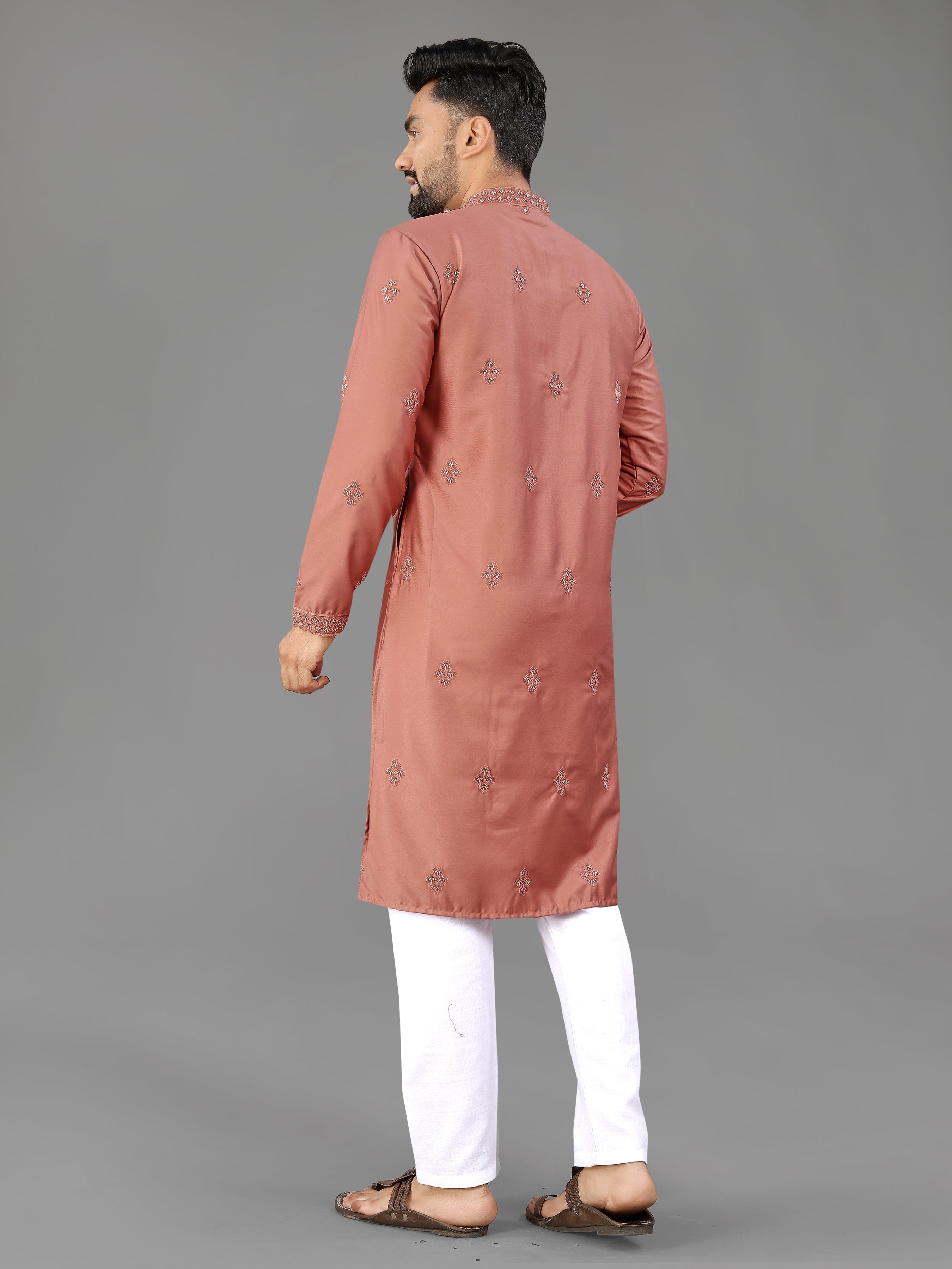 Men’s Val Moti Work Cotton Kurta Dusty Rose