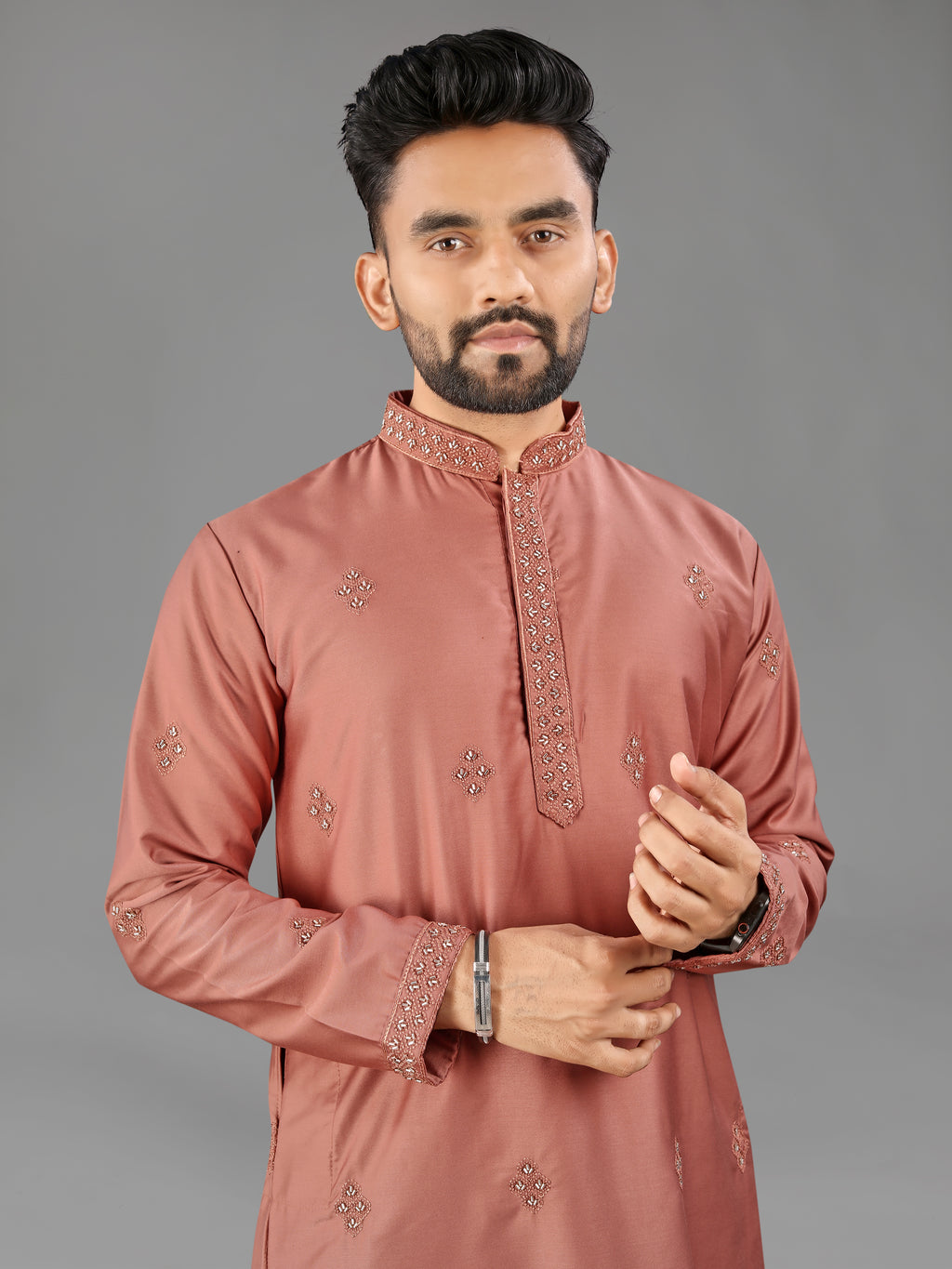 Men’s Val Moti Work Cotton Kurta Dusty Rose