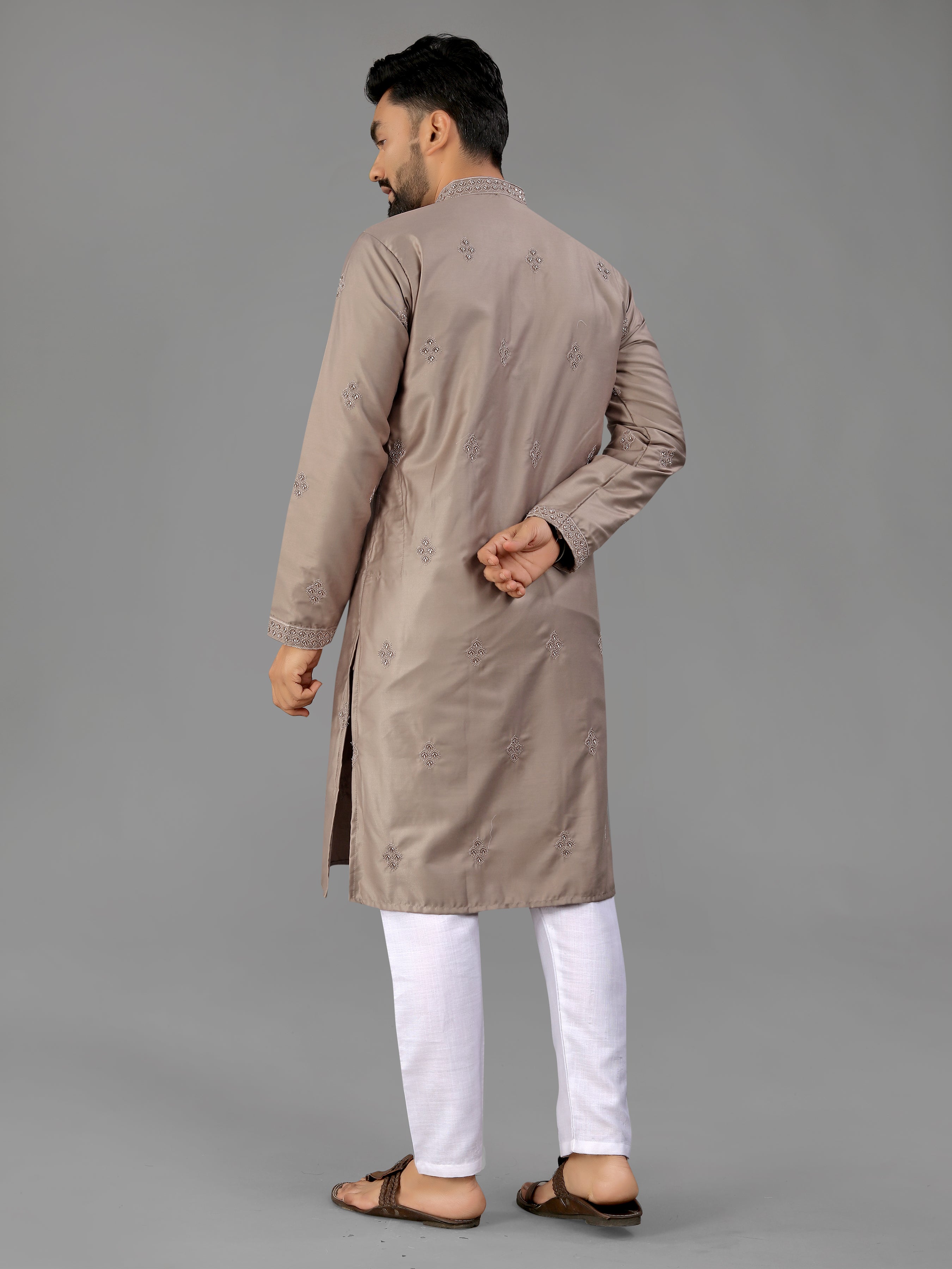 Men’s Val Moti Work Cotton Kurta Mashroom Grey