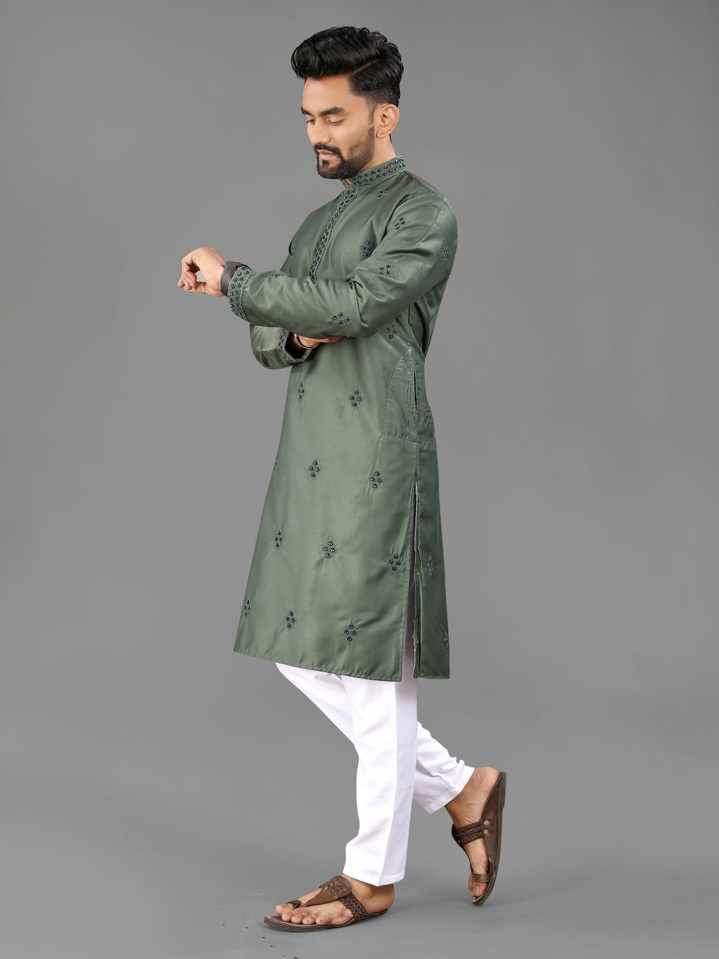 Men’s Val Moti Work Cotton Kurta Mahendi