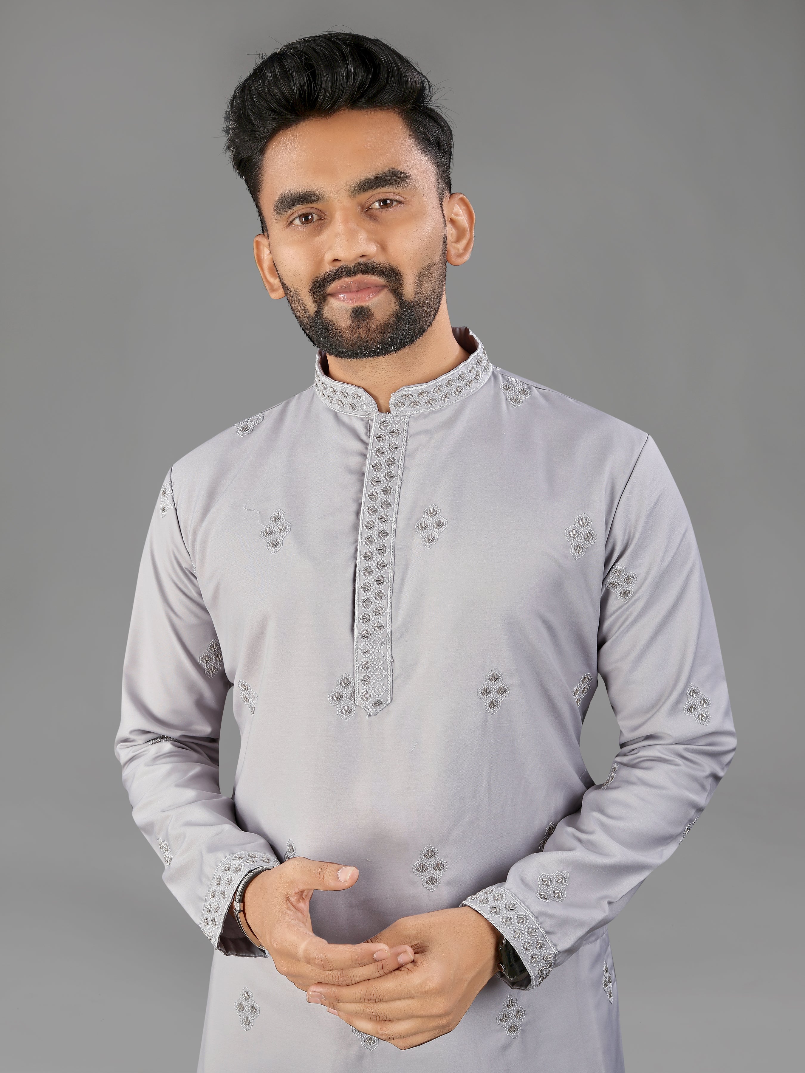 Men’s Val Moti Work Cotton Kurta Grey