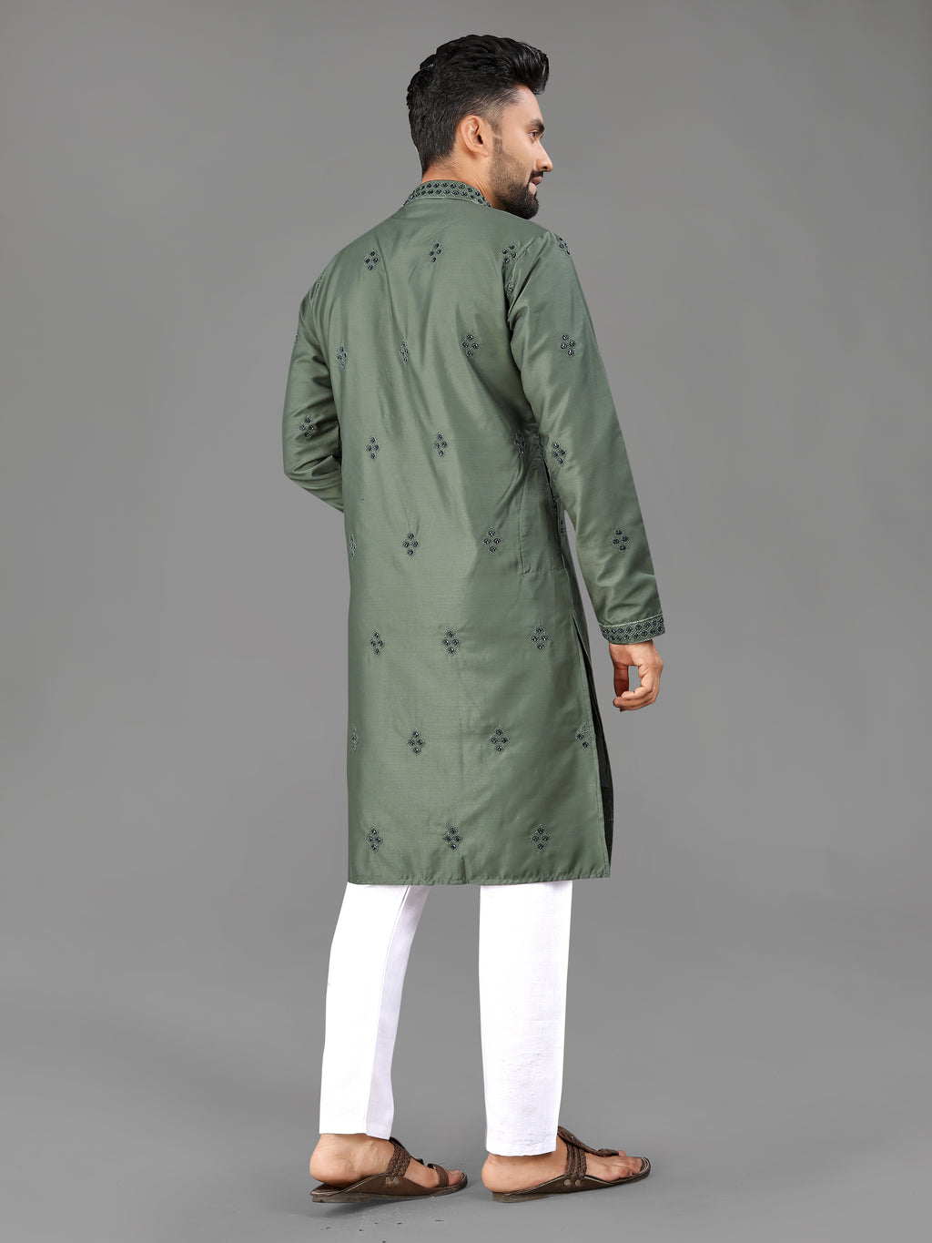 Men’s Val Moti Work Cotton Kurta Mahendi