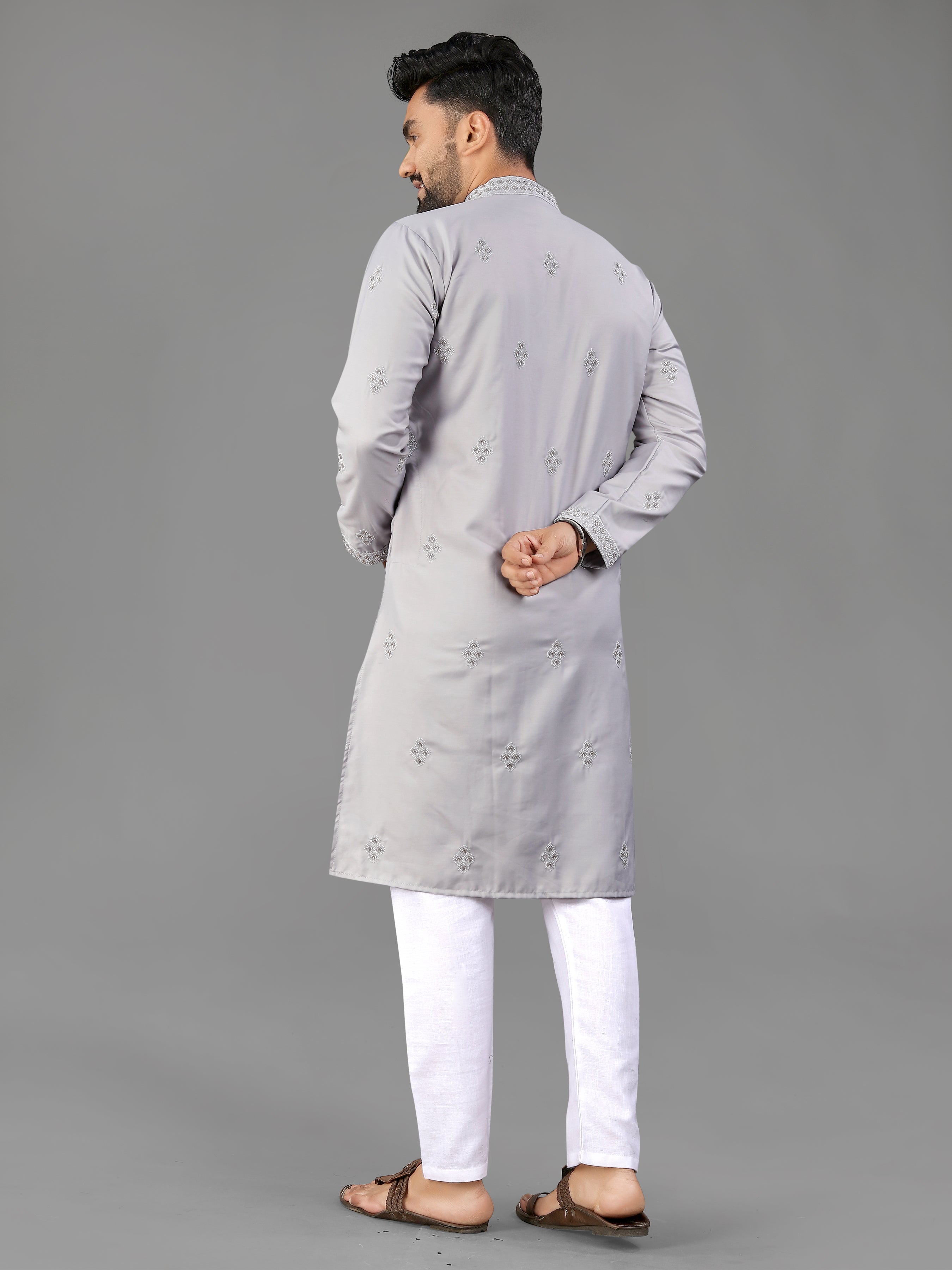 Men’s Val Moti Work Cotton Kurta Grey