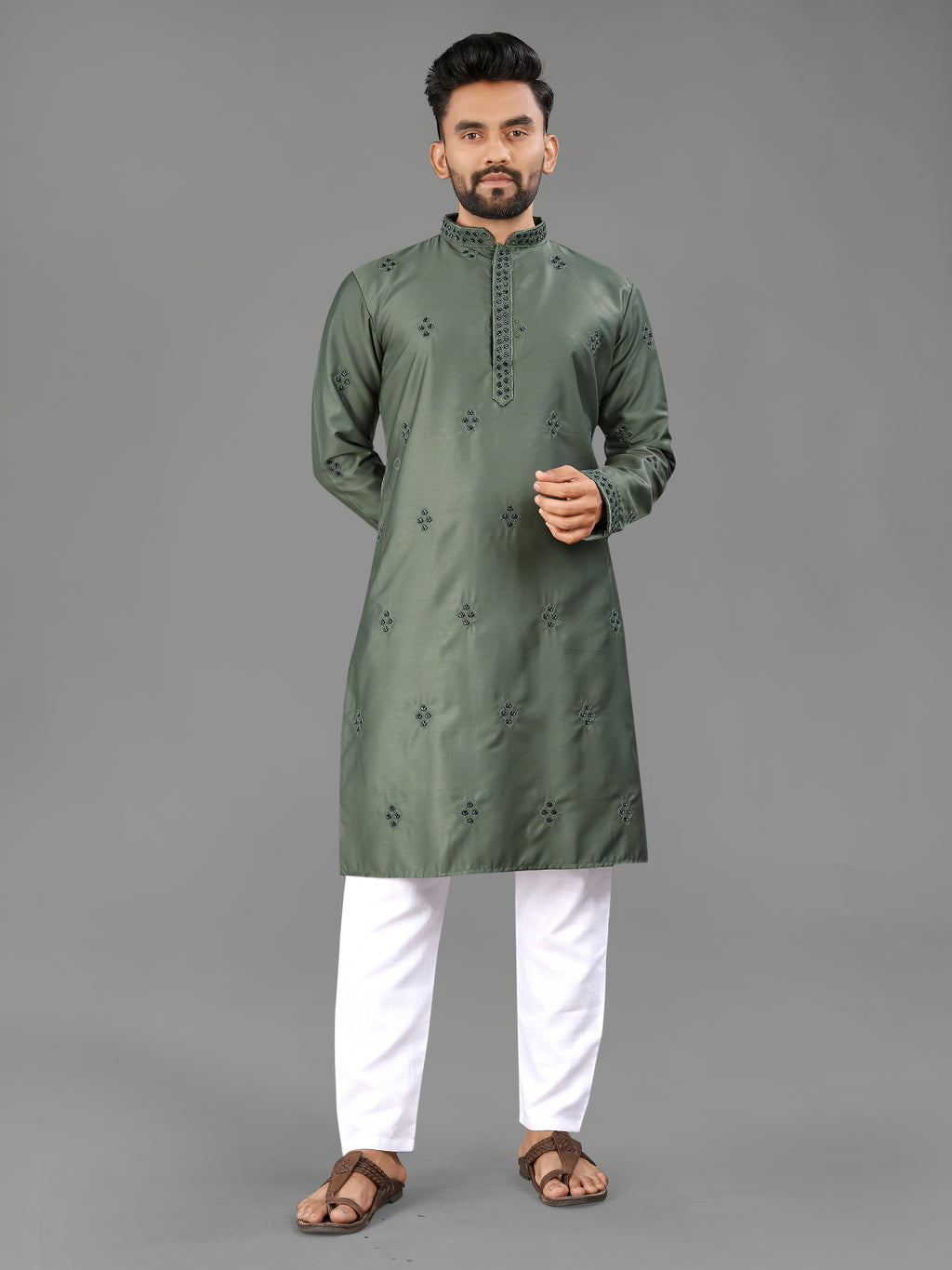Men’s Val Moti Work Cotton Kurta Mahendi