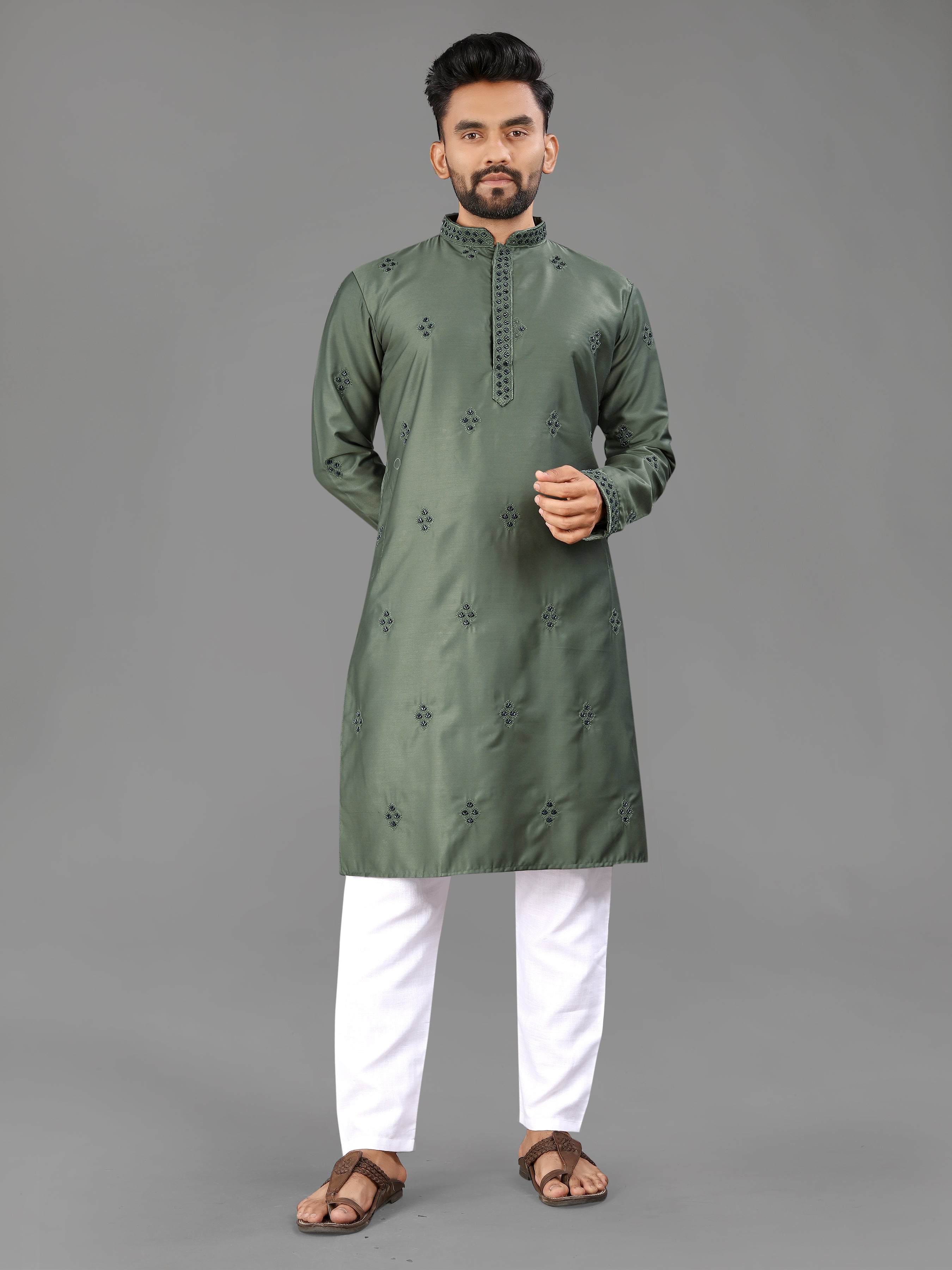 Men’s Val Moti Work Cotton Kurta Mahendi