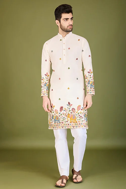 Men's Elegant Charm Cotton Embroidered Cream Kurta