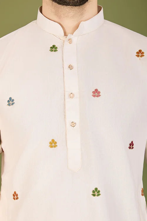 Men's Elegant Charm Cotton Embroidered Cream Kurta