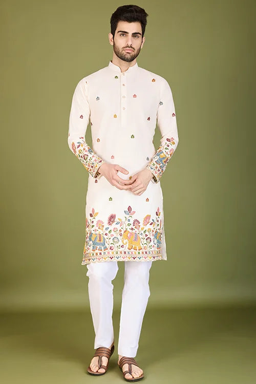 Men's Elegant Charm Cotton Embroidered Cream Kurta