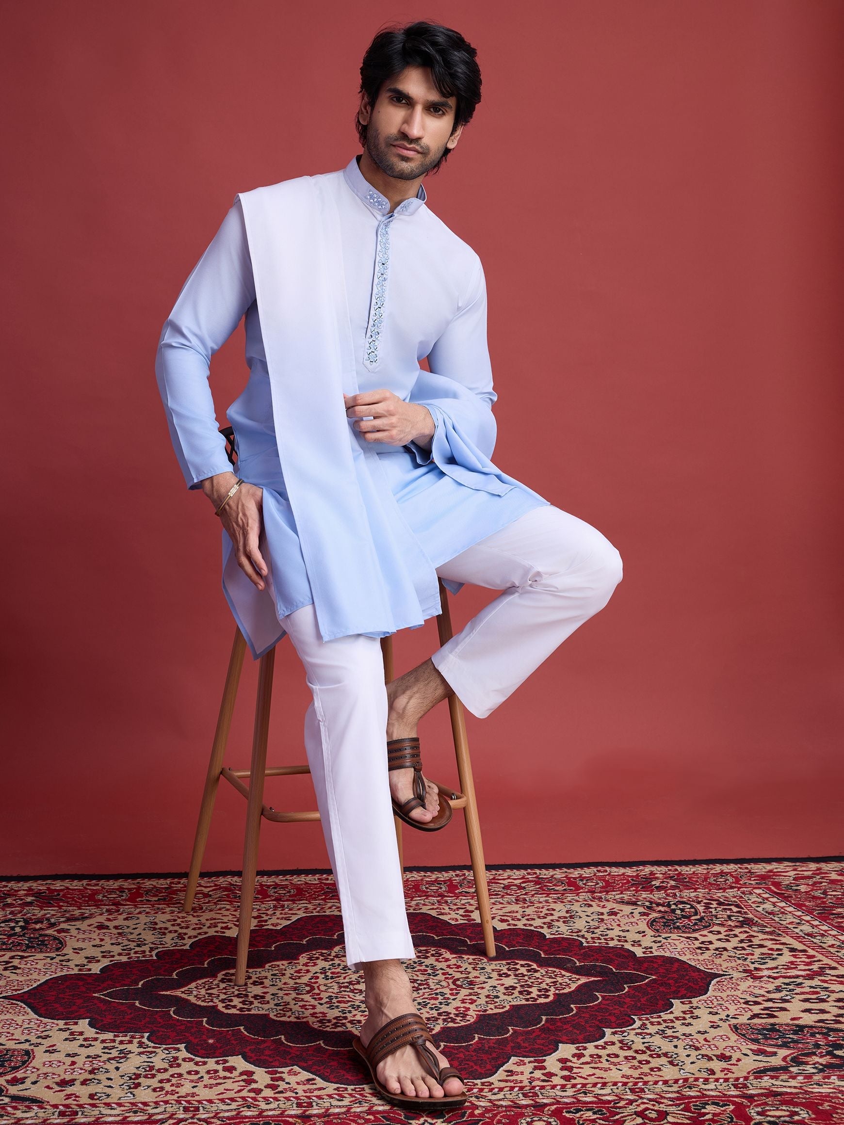 Men's Real Radiant Reflection Mirror Work Sky Blue Kurta