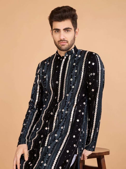 Men's Majestic Charm Silk Cotton Black Kurta