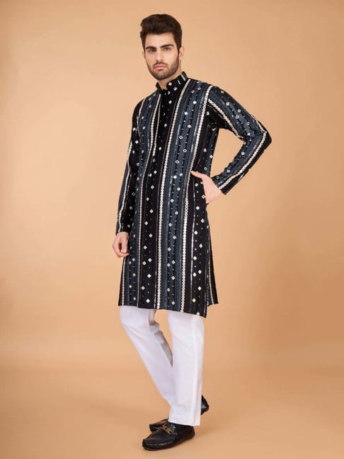 Men's Majestic Charm Silk Cotton Black Kurta