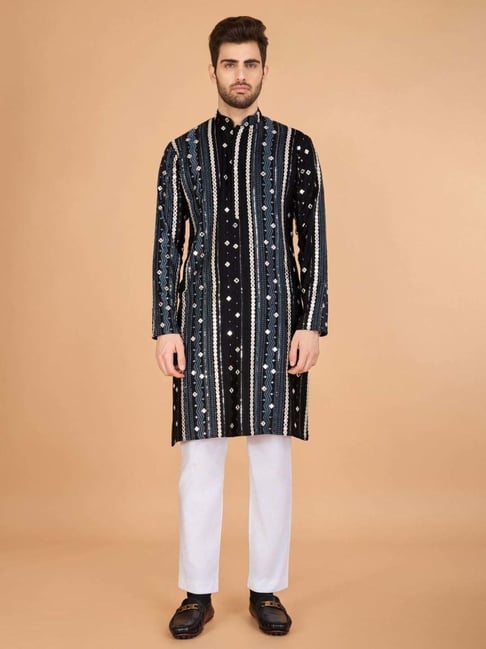 Men's Majestic Charm Silk Cotton Black Kurta