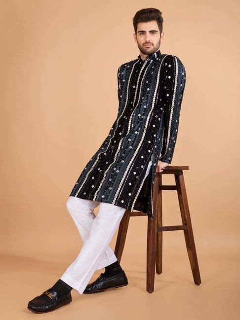 Men's Majestic Charm Silk Cotton Black Kurta