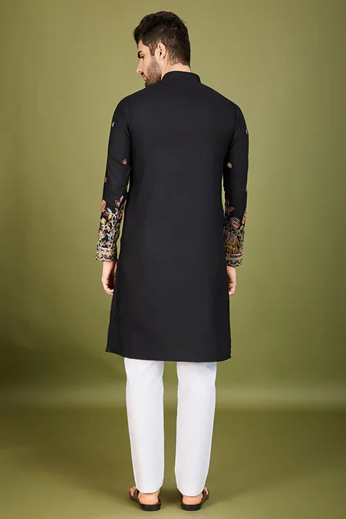 Men's Elegant Charm Cotton Embroidered Black Kurta