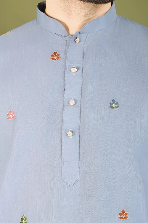 Men's Elegant Charm Cotton Embroidered Grey Kurta