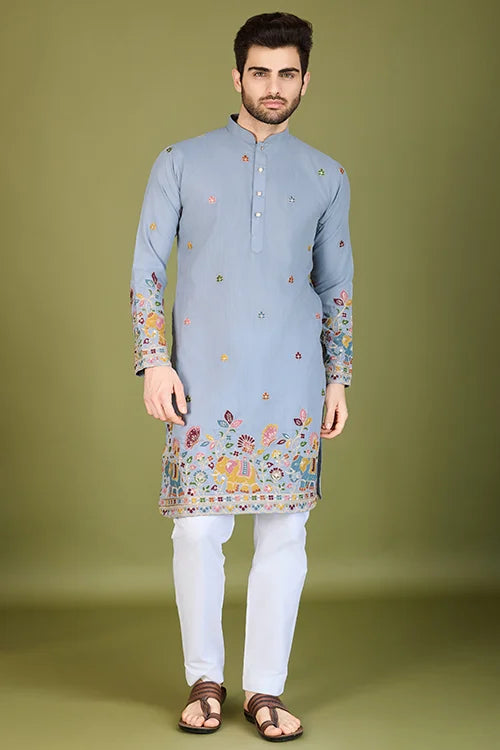 Men's Elegant Charm Cotton Embroidered Grey Kurta
