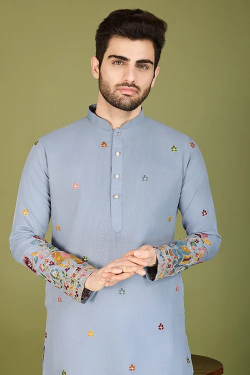 Men's Elegant Charm Cotton Embroidered Grey Kurta