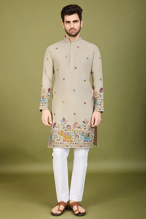 Men's Elegant Charm Cotton Embroidered beige Kurta