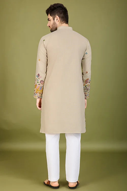 Men's Elegant Charm Cotton Embroidered beige Kurta