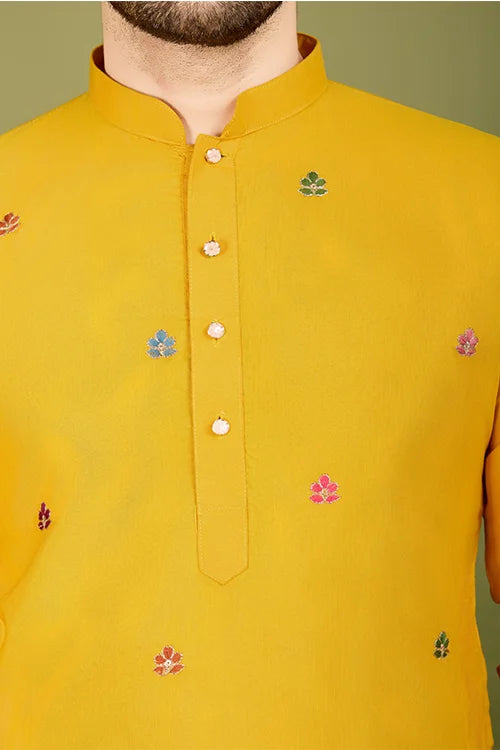 Men's Elegant Charm Cotton Embroidered Yellow Kurta