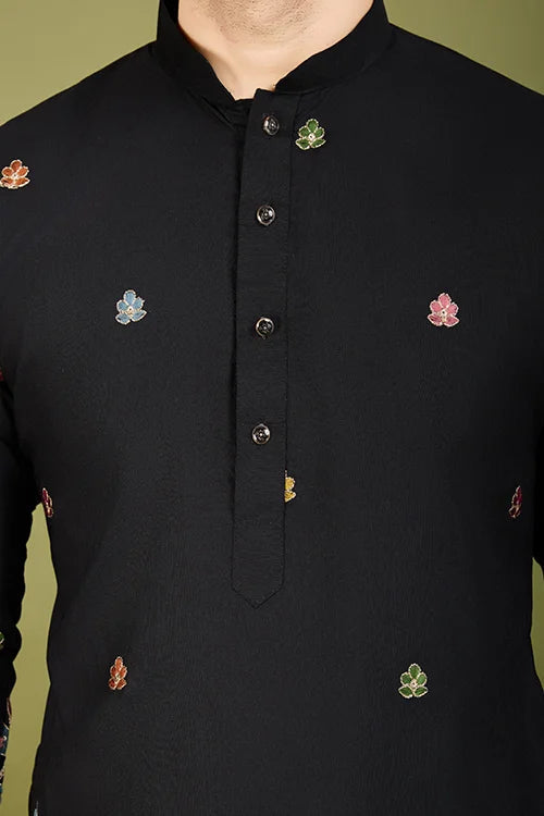 Men's Elegant Charm Cotton Embroidered Black Kurta