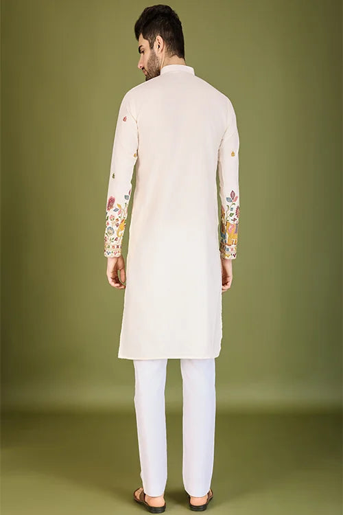 Men's Elegant Charm Cotton Embroidered Cream Kurta